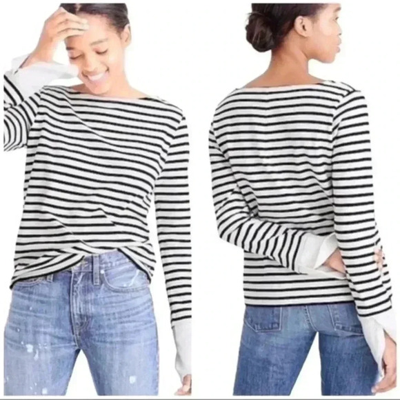 J. Crew Navy & White Striped Boatneck Top Blouse With Built In Cuffs Size XS - Picture 1 of 6